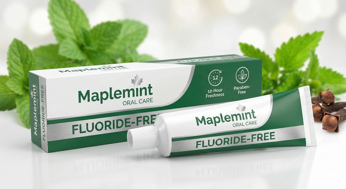 Maplemint fluoride-free toothpaste and packaging with mint leaves in the background